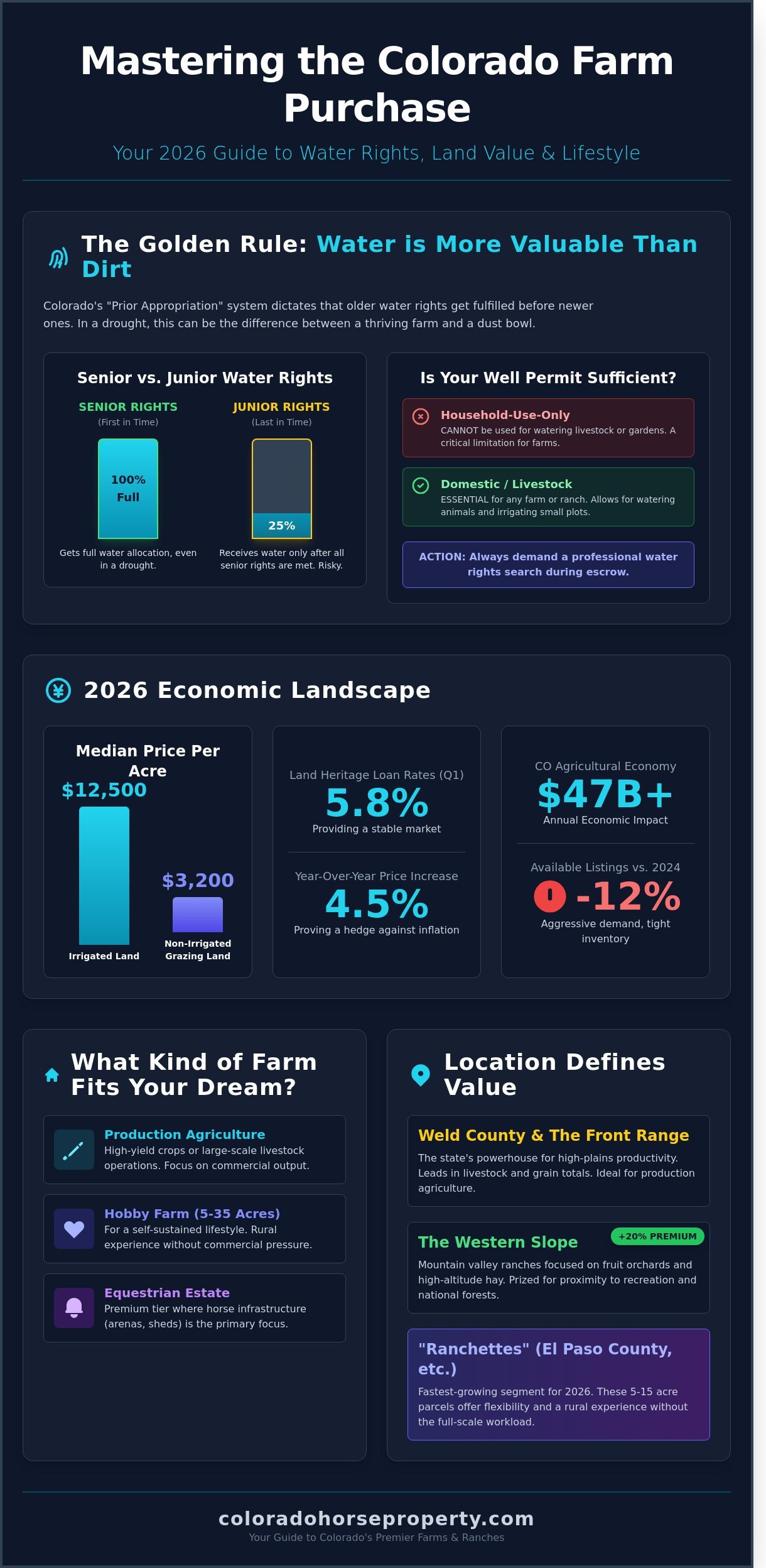 Farms for Sale in Colorado: The 2026 Buyer’s Guide to Agricultural & Equestrian Land - Infographic