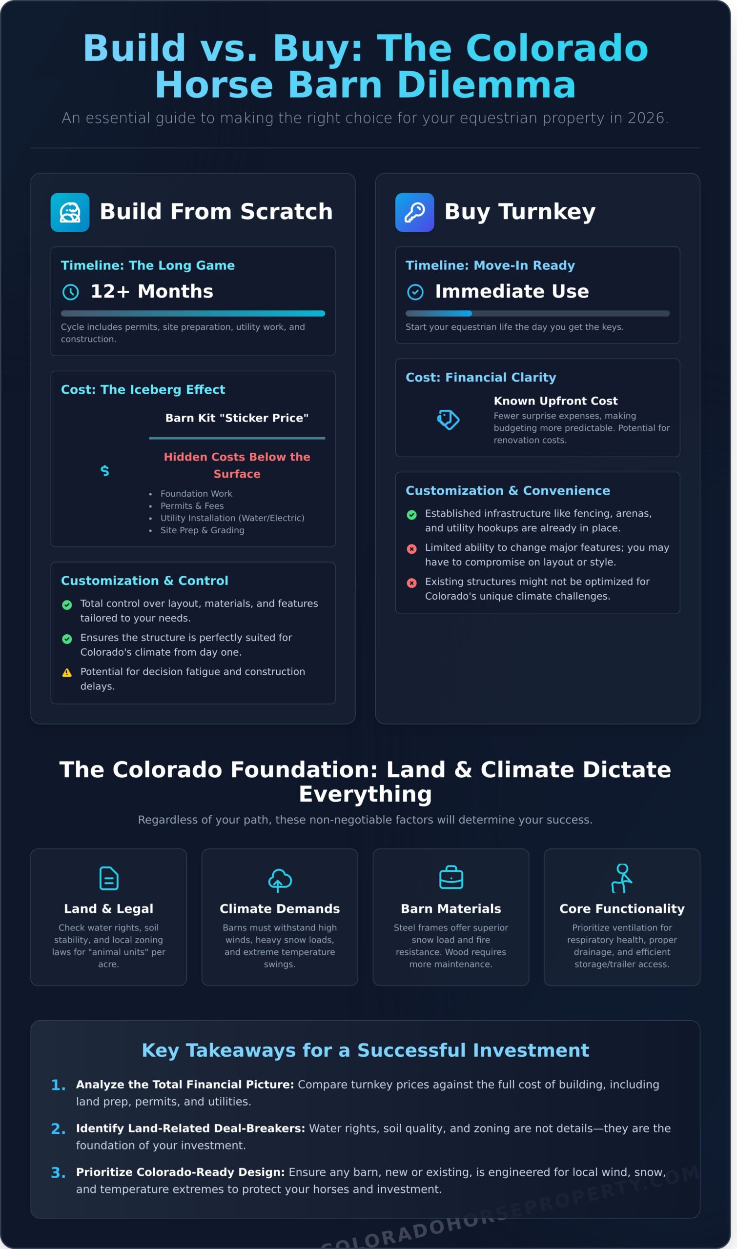 Horse Barns for Sale: Buying vs. Building Your Colorado Equestrian Dream - Infographic