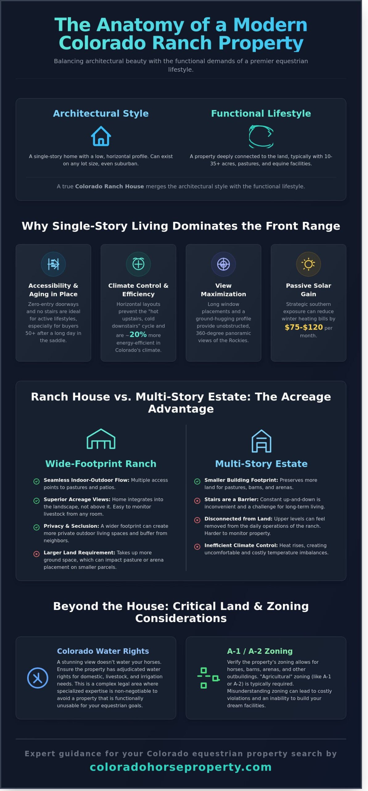 The Colorado Ranch House: Architecture, Lifestyle, and Real Estate Guide - Infographic