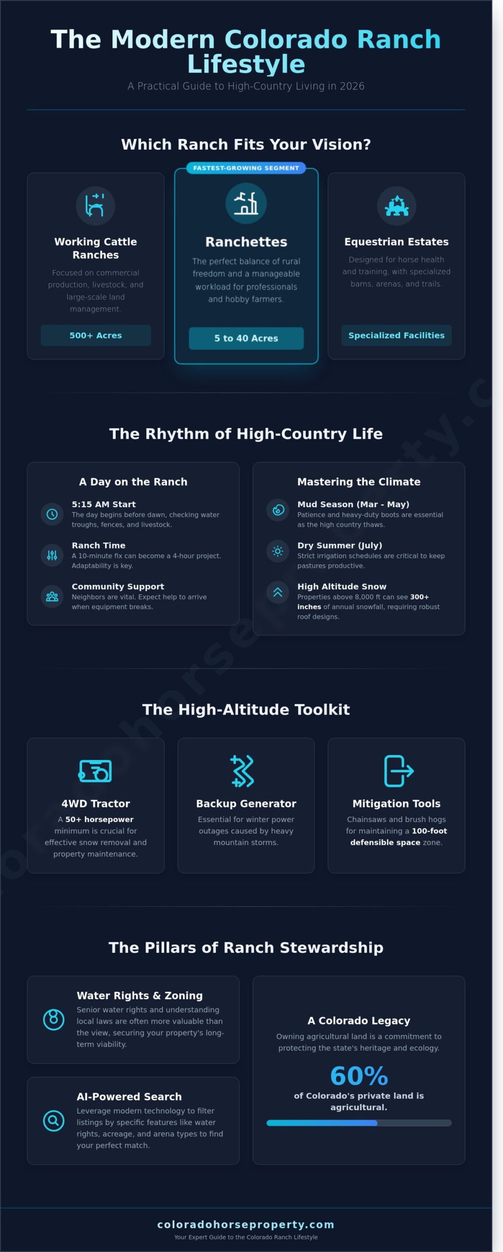 The Colorado Ranch Lifestyle: A Guide to High-Country Living in 2026 - Infographic