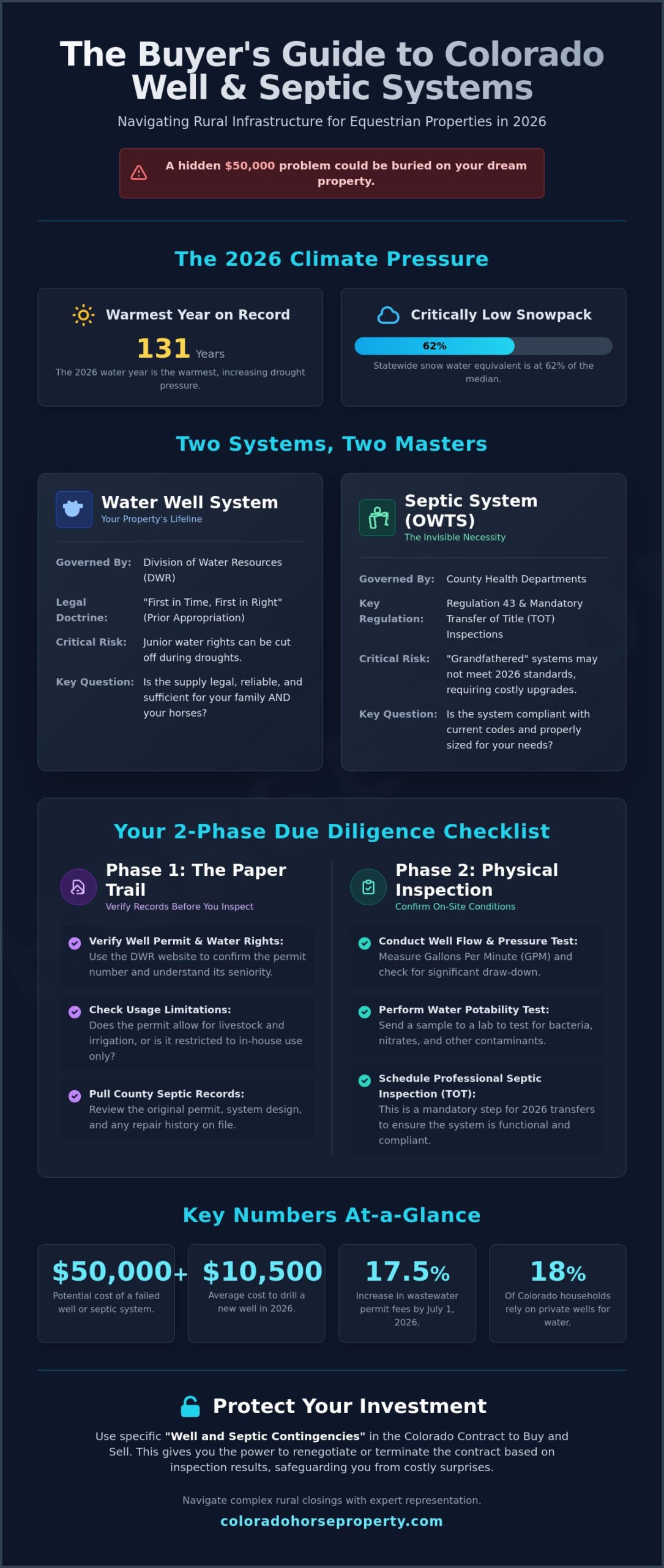 Buying Rural Horse Property with Well and Septic in Colorado: The 2026 Due Diligence Checklist - Infographic