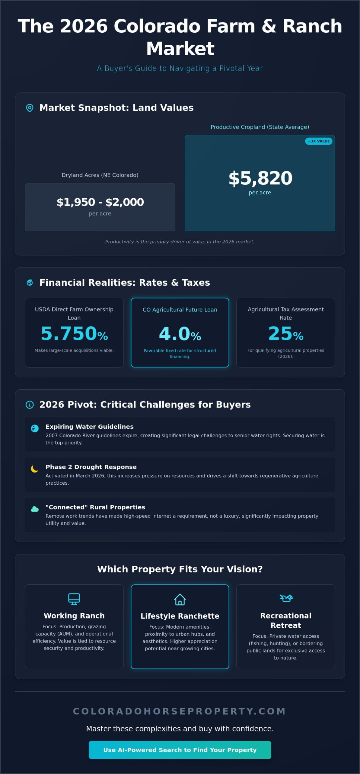 Colorado Farm and Ranch Real Estate: The 2026 Buyer’s Guide to Land and Legacy - Infographic