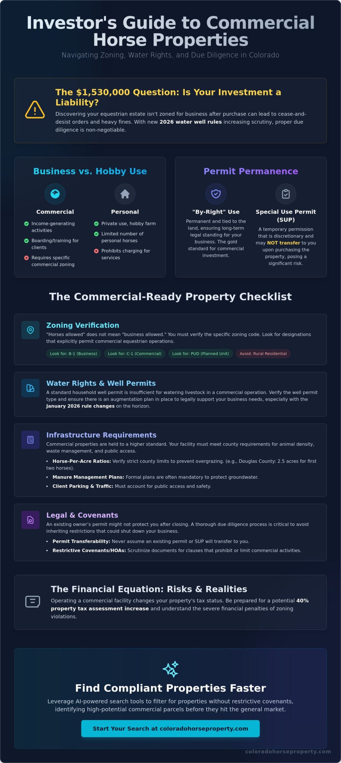 Colorado Horse Property with Commercial Zoning: The 2026 Entrepreneur’s Guide - Infographic