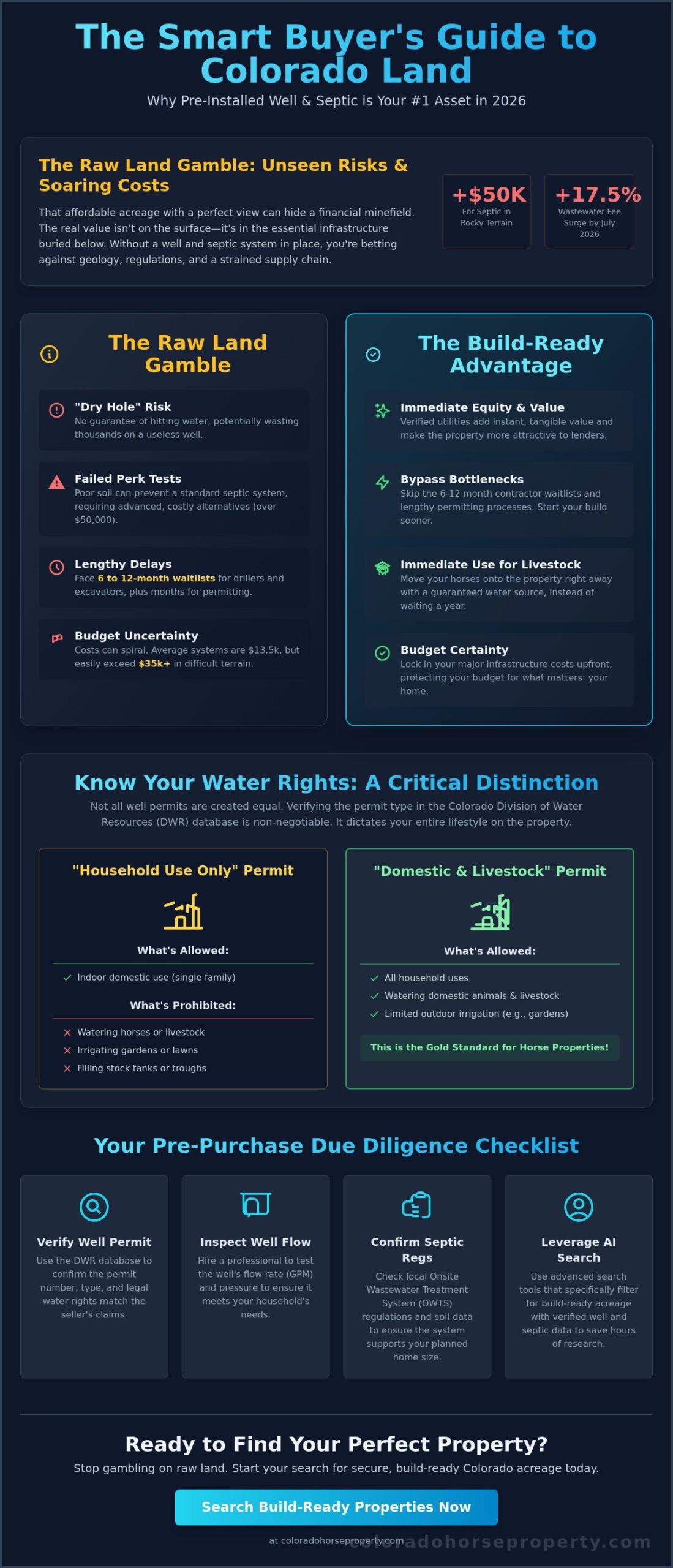 Colorado Land with Well and Septic for Sale: The 2026 Buyer’s Guide - Infographic