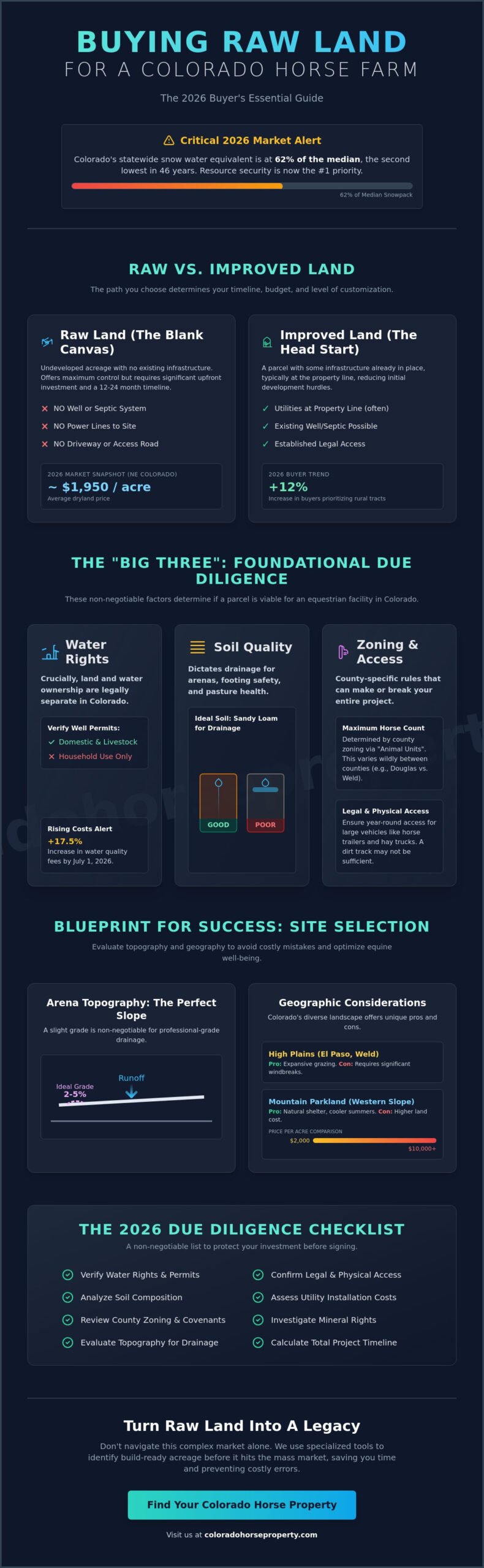 Raw Land for Building a Horse Farm in Colorado: The 2026 Buyer’s Guide - Infographic