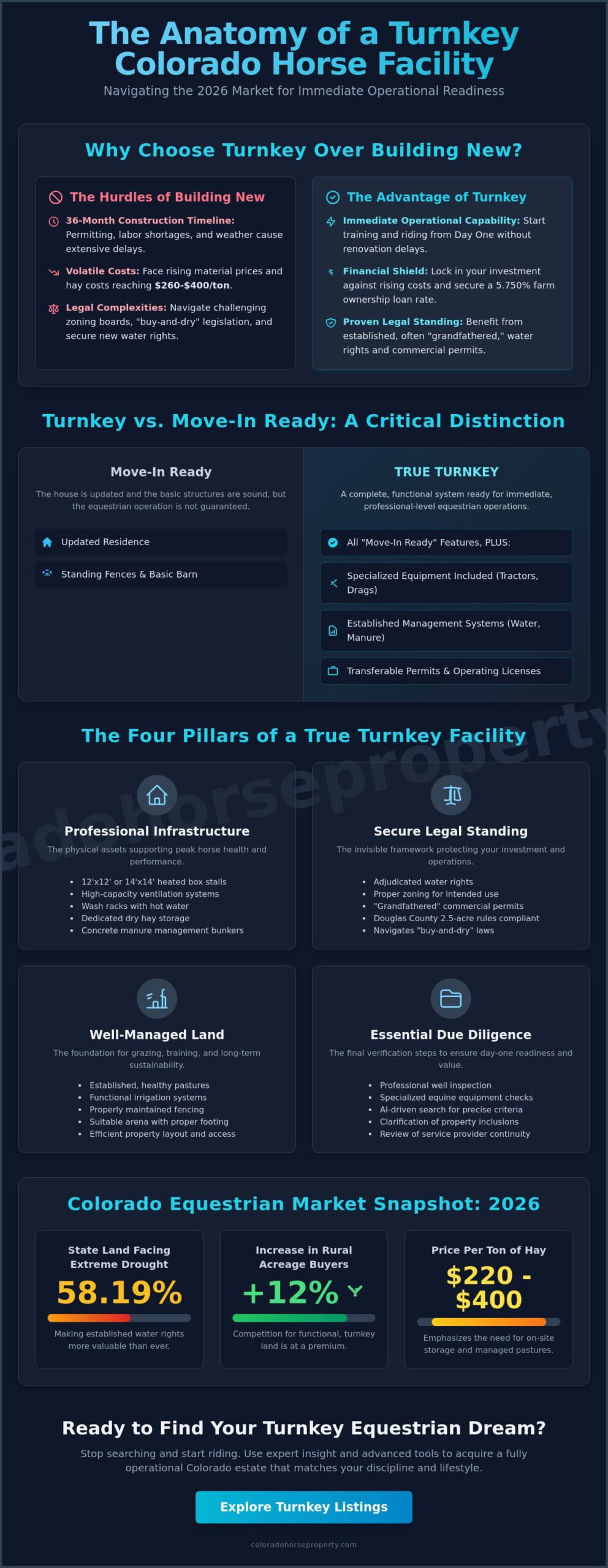 Turnkey Horse Facilities for Sale in Colorado: The 2026 Buyer’s Guide - Infographic