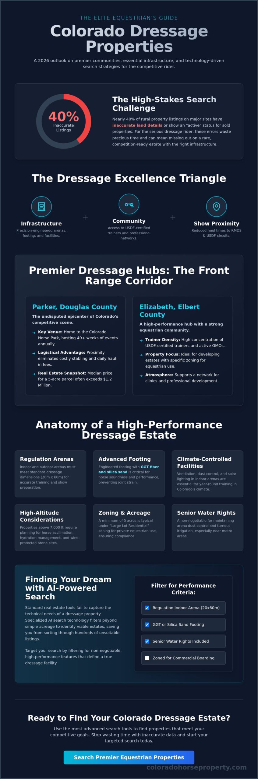 Best Horse Communities for Dressage Riders in Colorado: 2026 Equestrian Real Estate Guide - Infographic