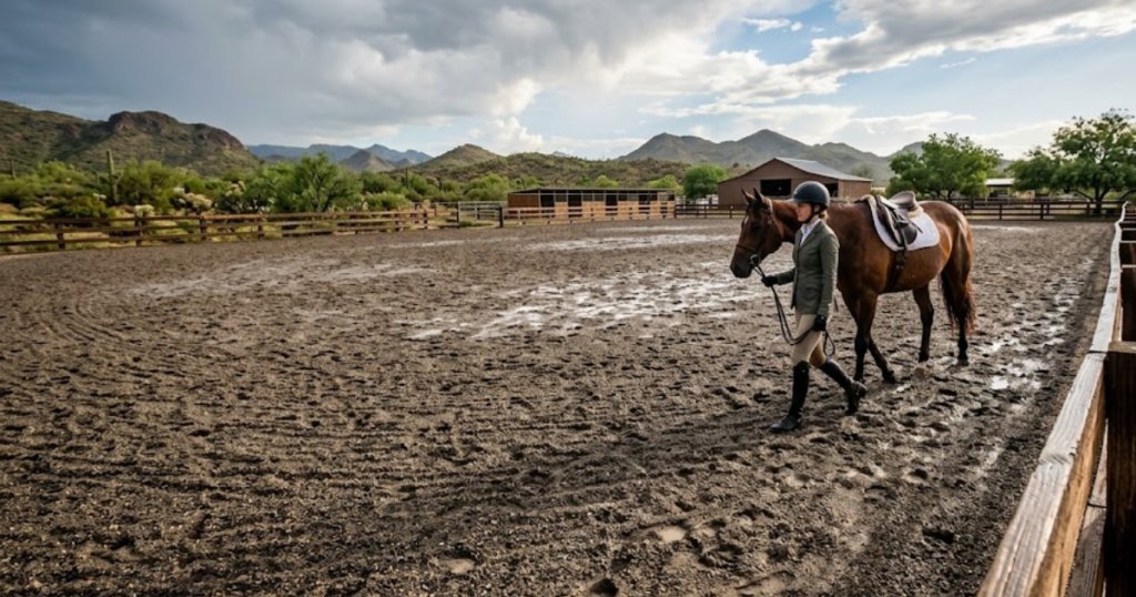 Does the arena footing contain enough coarse sand or specialized drainage to absorb a 2-inch monsoon dump and be rideable the next day?