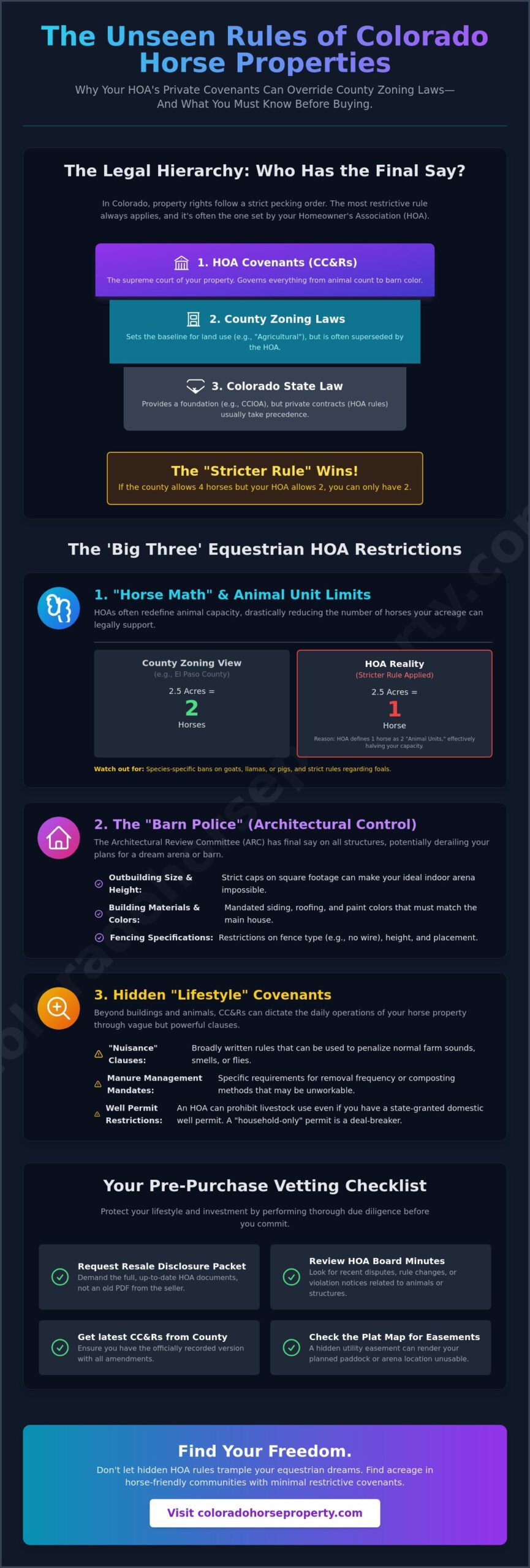 Colorado Horse Property HOA Rules: A 2026 Guide to CC&Rs and Restrictions - Infographic