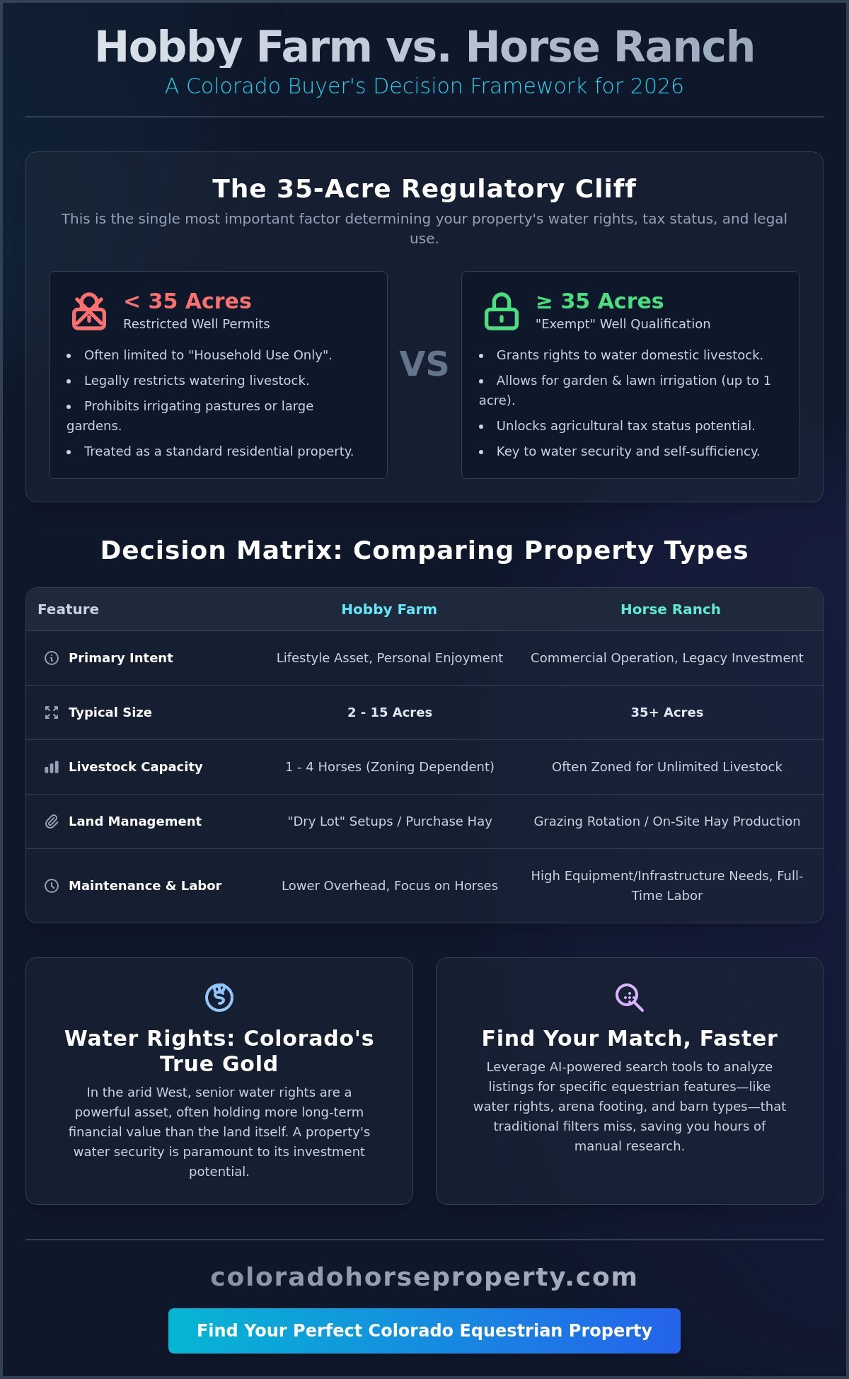 Hobby Farm vs. Horse Ranch in Colorado: Which Is Right for You in 2026? - Infographic